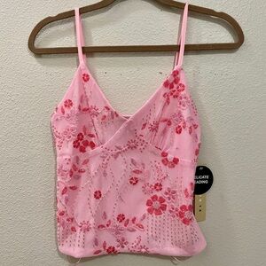 Studio 12 Pink Beaded Floral Mesh Tank Top Fairycore Y2K